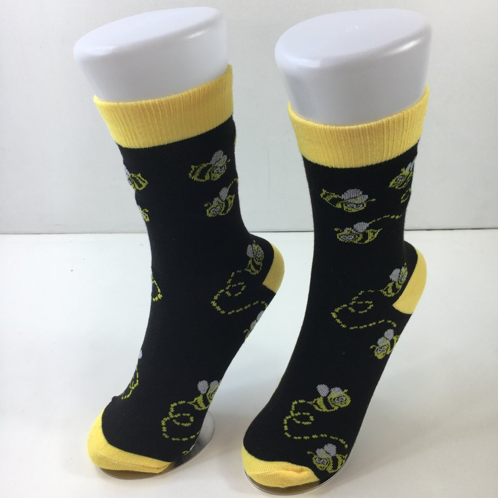 Womens Buzzing Bee Print Novelty Crew Socks Black Yellow